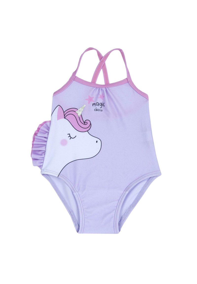 Costume da bagno viola con design senza maniche, caratterizzato da una grafica di unicorno, dettagli laterali a volant e stelle lucide sul tessuto.