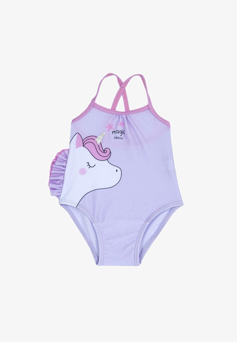 Costume da bagno viola con design senza maniche, caratterizzato da una grafica di unicorno, dettagli laterali a volant e stelle lucide sul tessuto.