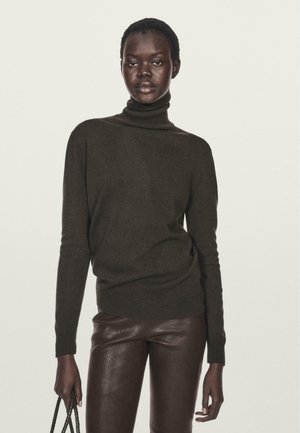 Maglione a collo alto marrone scuro realizzato in materiale morbido, con maniche lunghe e vestibilità slim, abbinato a pantaloni di pelle marroni.