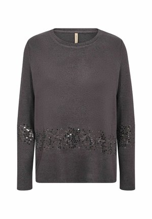 Grijze longsleeve top van zachte stof met een ronde halslijn, met een met pailletten versierde horizontale band aan de onderkant voor textuur en detail.
