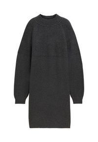 Grijze gebreide sweater jurk met een ribbelstructuur, hoge halslijn en lange, lichtjes gepofte mouwen. Casual, losse pasvorm voor comfort.