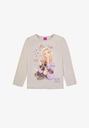 Beige Langarm-T-Shirt mit einem Grafikmotiv eines Mädchens mit langen blonden Haaren, das Gitarre spielt, geschmückt mit Sternen und floralen Akzenten.