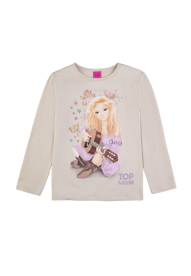 Beige Langarm-T-Shirt mit einem Grafikmotiv eines Mädchens mit langen blonden Haaren, das Gitarre spielt, geschmückt mit Sternen und floralen Akzenten.