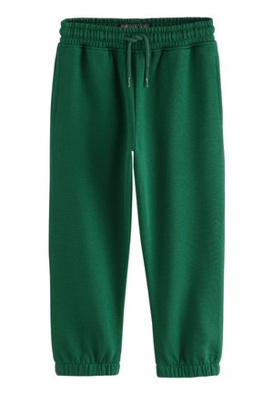 Grüne Jogginghose aus weichem Stoff, mit einem elastischen Bund und Kordelzug, seitlichen Taschen und elastischen Bündchen an den Knöcheln.
