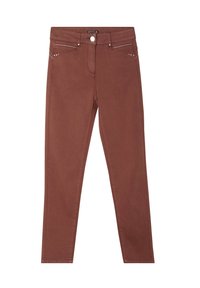 Bruine skinny jeans van gladde stof, met voorkantzakken met metalen accenten en een knoopsluiting in de taille.