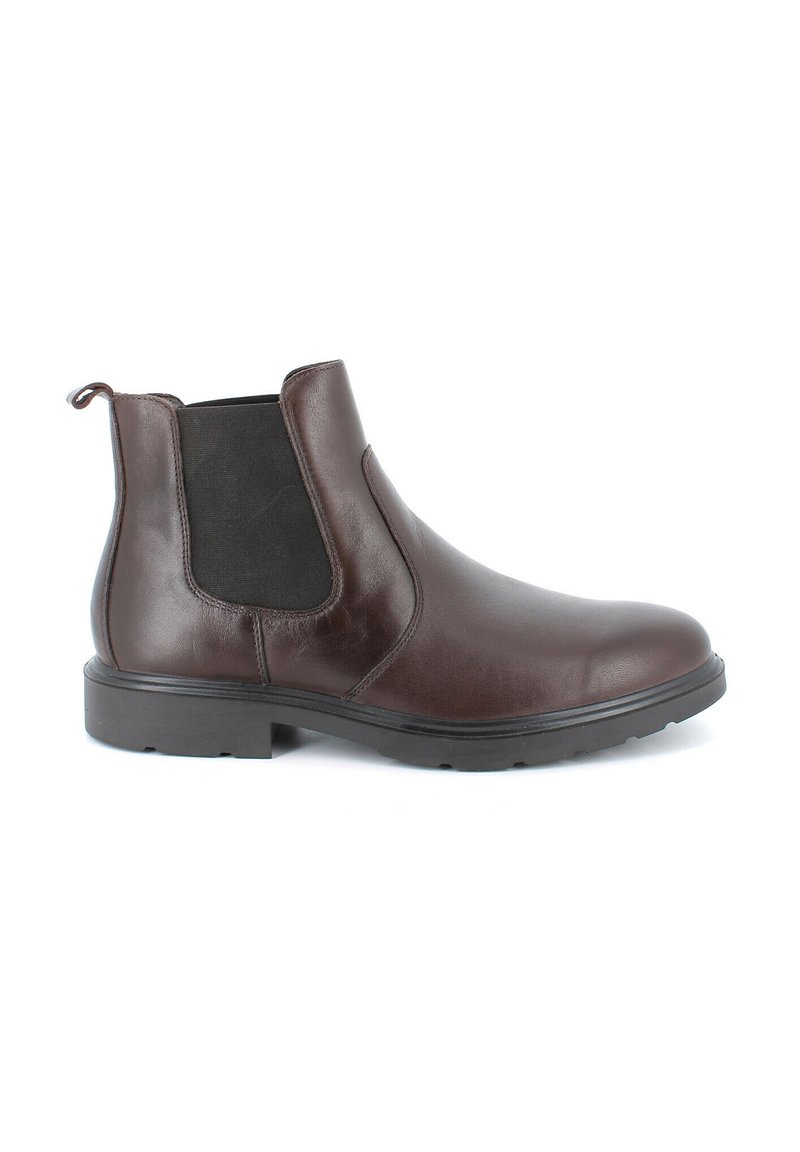 Stivale Chelsea in pelle marrone con pannelli elastici laterali, texture liscia, punta rotonda, linguetta sul tallone e robusta suola in gomma nera.