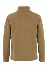 Veste en polaire marron avec un col haut, des manches longues et une texture lisse. Présente un ourlet droit et un petit logo de marque sur le côté inférieur.