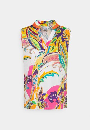 Sleeveless blouse with multicolored vibrant paisley pattern, mandarin collar, and V-neck opening, displayed on a light background.
