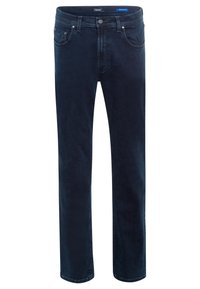 Dunkelblaue Jeans aus Denim mit geradem Bein, ausgestattet mit fünf Taschen und einem Frontknopfverschluss. Weicher Stoff mit dezenten Nähdetails.