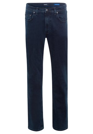 Dunkelblaue Jeans aus Denim mit geradem Bein, ausgestattet mit fünf Taschen und einem Frontknopfverschluss. Weicher Stoff mit dezenten Nähdetails.