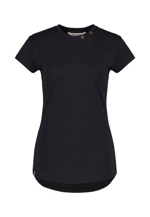 Schwarzes Damen-T-Shirt mit kurzen Ärmeln, zwei Knöpfen nahe am runden Ausschnitt und einem leicht geschwungenen Saum.