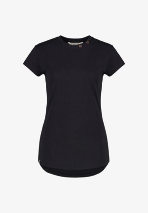 Schwarzes Damen-T-Shirt mit kurzen Ärmeln, zwei Knöpfen nahe am runden Ausschnitt und einem leicht geschwungenen Saum.