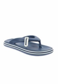 Infradito blu navy con superficie testurizzata, materiale in gomma e strisce bianche sulla suola. Presenta un design a infradito superiore e un accento con logo.