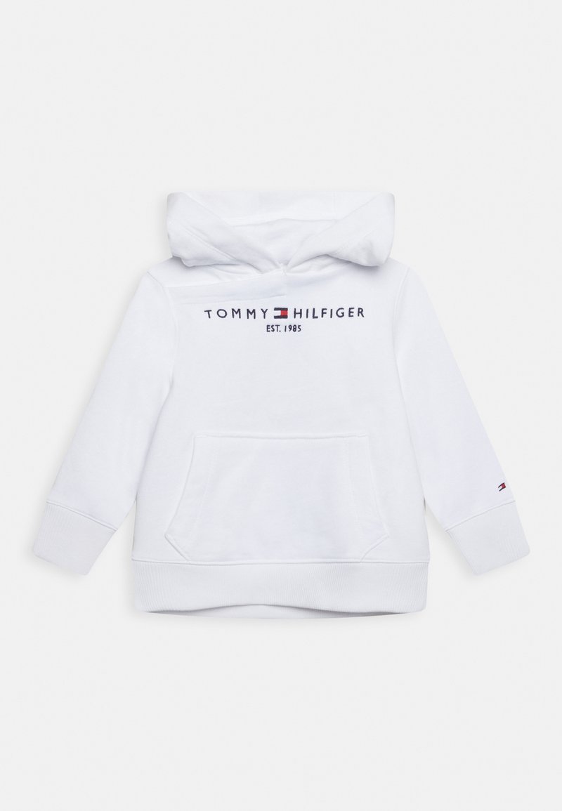 Felpa bianca in cotone con tasca frontale, cappuccio regolabile e logo ricamato "TOMMY HILFIGER EST. 1985" sul petto. Polsini a coste.