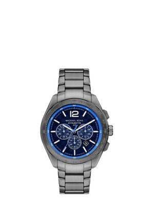 Michael Kors watch with a stainless steel bracelet, blue checkered dial, silver accents, and chronograph functions. Octagonal case design.