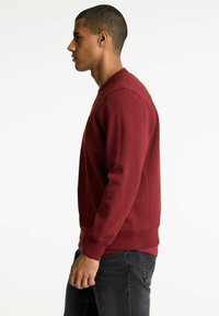 Felpa bordeaux con maniche lunghe, polsini e orlo a costine. Texture semplice e liscia, con cuciture rinforzate e scollatura a girocollo.