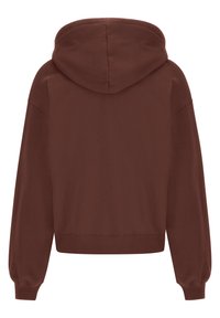Sweat à capuche court brun avec cordon de serrage, manches longues, bords-côtes, et une texture lisse. Aucuns graphiques ou motifs visibles.