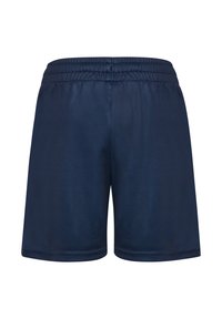 Marinblå idrottsshorts tillverkade av mjukt, lätt material med midjeband i elastiskt tyg för bekvämlighet och enkel användning.