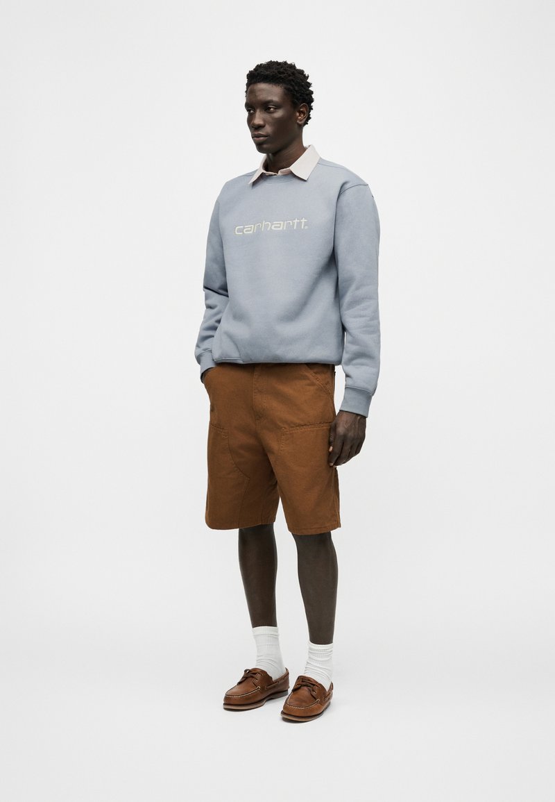 Schwarzer Mann steht, trägt hellblaues Carhartt-Sweatshirt, beigen Hemdkragen, braune Shorts, weiße Socken und braune Bootsschuhe, vor weißem Hintergrund.