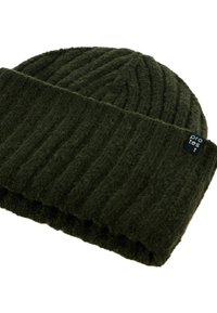 Dark green knitted beanie with ribbed texture, featuring a folded brim and a small black label with white text on the side.