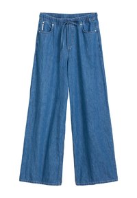 Pantalons en denim large de couleur bleu clair, dotés d'une taille élastique, d'un cordon de serrage et de poches avant. Tissu doux et texturé avec un design classique.