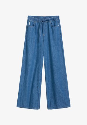 Light blue, wide-leg denim pants with an elastic waistband, drawstring, and front pockets. Soft, textured fabric with a classic design.