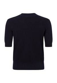 Marineblauwe kortemouwen gebreide pullover van gestructureerde stof, met een ronde halslijn en geribbelde manchetten en zoom. Eenvoudig en veelzijdig ontwerp.