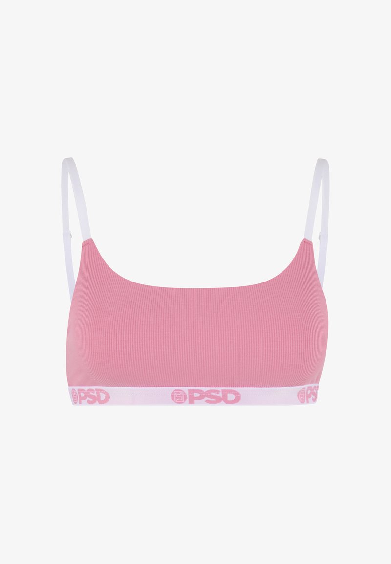 Bralette rose côtelé avec bretelles blanches ajustables et bande élastique blanche décorée d'un motif logo "PSD" rose.