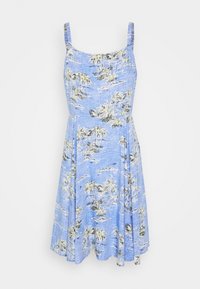 Niebieska lniana sukienka z dopasowanym gorsetem i rozkloszowanym dołem. Posiada tropikalny nadruk palm, a także cienkie ramiączka.