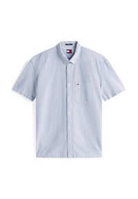 Krátký rukáv košile na knoflíky v světle modré barvě s proužkovým vzorem. Má kapsu na levé straně hrudi a klasický límec.