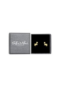 Orecchini a forma di cavallo in tonalità oro esposti in una scatola di velluto nero, con una custodia per gioielli in argento texturizzato con un logo bianco.