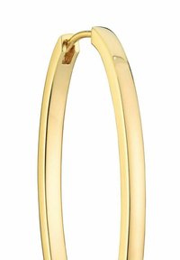 Guldtonade örhängen i hoop-stil med en slät, polerad yta och en rundad design med en säker stängningsmekanism.