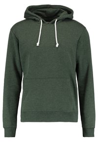 Felpa con cappuccio di colore verde scuro, con cordini bianchi e tasca a marsupio frontale, maniche lunghe e polsini e orlo a coste.
