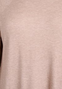 Jasno beżowy sweter z dzianiny o gładkiej fakturze, z klasycznym okrągłym dekoltem i lekko raglanowymi rękawami.