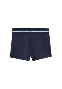 Marineblå bomulds shorts med en kontrastfarvet stribet talje, enkel design og kantede kanter.