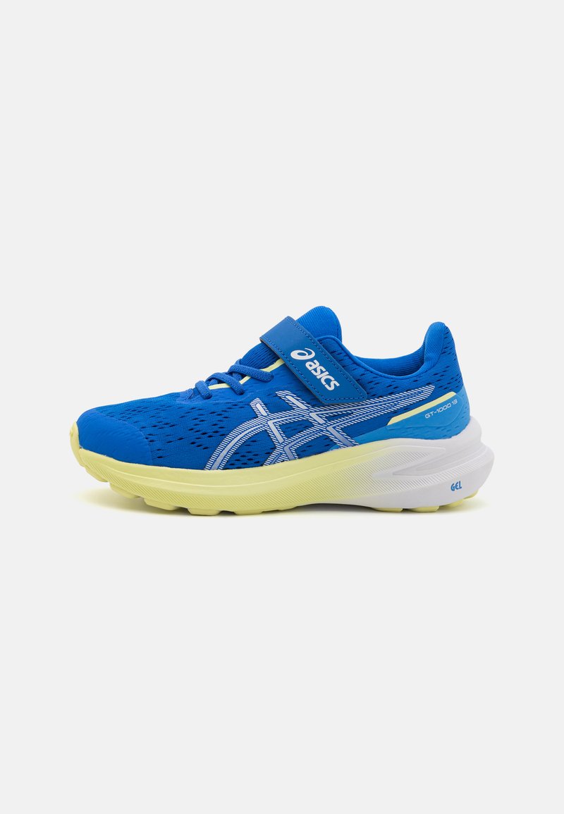 Chaussures de sport bleues avec tige en mesh, sangle ajustable, accents réfléchissants et semelle intermédiaire jaune rembourrée. Dotées d'une semelle extérieure en caoutchouc durable.