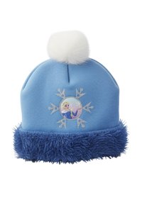 Lichtblauwe winterhoed met een witte pompon, donkerblauwe fluffy rand en een sneeuwvlokontwerp met een blonde animatiefiguur in het midden.