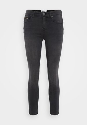 Blugi skinny negri, din denim. Prezintă un sistem de închidere cu nasture în față și un buzunar cu fermoar la talie. Textură fină, cu o ușoară decolorare.