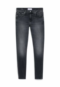 Grå denimjeans med slim fit, femficksdesign och subtila blekningar. Har logga på midjebandet och metallaccentmaterial.