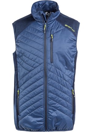 Marineblå quiltet vest uden ærmer med fuld frontlynlås, brystlynlåslomme, to sidelommer med lynlås og gul "Whistler"-logo på skulderen.