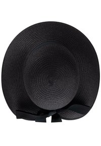 Schwarzer Strohhut mit breiter Krempe, texturiertem Finish und schwarzer Schleifenakzent hinten. Zirkuläre und flache Form.