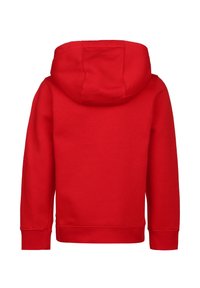Felpa rossa con cappuccio, dalla texture liscia, maniche lunghe e orlo dritto. Presenta un grande cappuccio arrotondato.