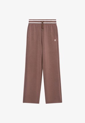 Brązowe spodnie o szerokich nogawkach z elastycznym pasem, sznurkiem do wiązania, bocznymi kieszeniami i małym białym logo "AIX" na prawej udzie.