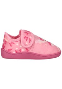 Chausson enfant rose avec motifs papillons, bride velcro ajustable, dessus en tissu doux et semelle épaisse en caoutchouc.