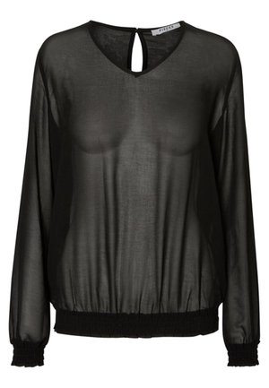 Schwarze durchsichtige Bluse mit langen Ärmeln, V-Ausschnitt und einem Schlitzdetail am Rücken. Elastischer Saum und Bündchen. Leichter Stoff.