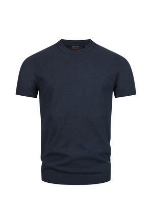 Marineblaues kurzärmeliges Strick-T-Shirt mit Rundhalsausschnitt und gerippten Bündchen. Weiche Textur, schlichtes Design und leichte Dehnbarkeit.