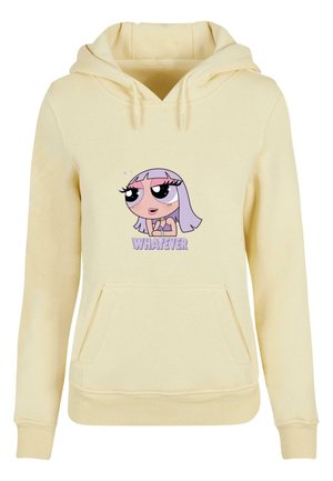 Kollane kapuutsiga pluus, millel on eesmine tasku, mis sisaldab karikatuuritegelase graafikat ja tekst "WHATEVER" all. Pehme kangas ja soonikkoes varrukad.