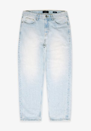 Jean bleu clair taille haute, coupe droite, avec poches frontales, fermeture par bouton, et légers effets délavés sur les cuisses et les genoux.