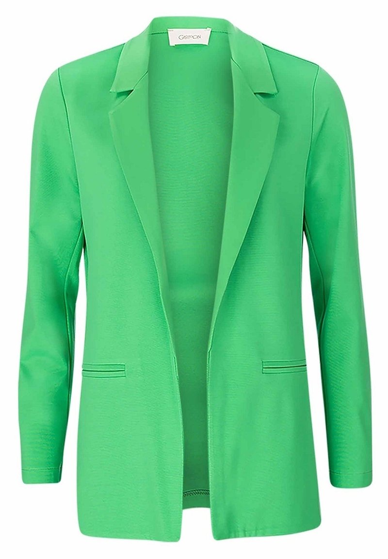 Veste blazer vert vif à ouverture devant, manches longues et revers crantés, avec deux poches passepoilées horizontales à la taille.