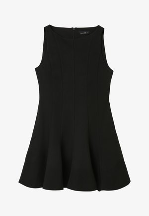 Schwarzes ärmelloses Kleid mit ausgestelltem Rock, das eine glatte Textur, gerade Nähte und einen Reißverschluss auf der Rückseite aufweist.